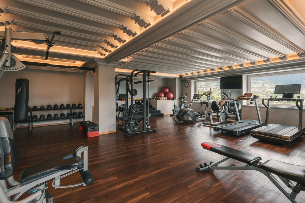 Bright fitness room with panoramic views of the Merano region at Hotel Golserhof in Dorf Tirol near Merano.