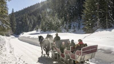 The Hotel Naturglück Alpenhof offers a horse-drawn carriage ride through the snow-covered landscape in Salzburg.© Lorenz Masser - Filzmoos Tourismus