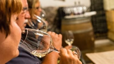 Gäste probieren Wein im Weinkeller Gäste probieren Wein im Weinkeller