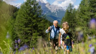 Der Seniorchef mit seinen Enkeln auf der Blumenwiese Der Seniorchef mit seinen Enkeln auf der Blumenwiese