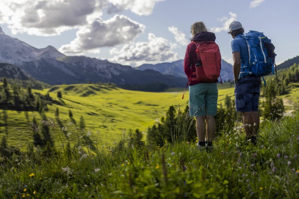 Wanderer schauen in die Berge