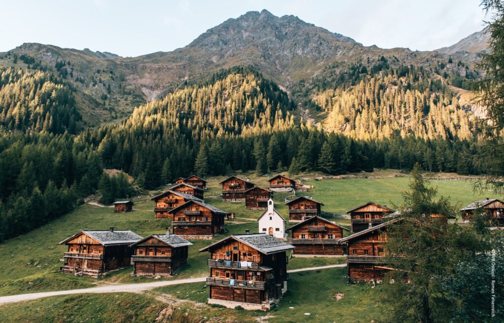 Alte Almhütten auf der Oberstaller Alm mit Wald und Bergen im Hintergrund