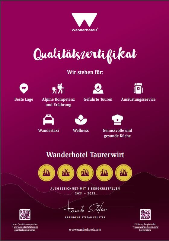 Das Qualitätszertifikat der Wanderhotels in der Farbe Alpenrose für das Wanderhotels Tuxertal