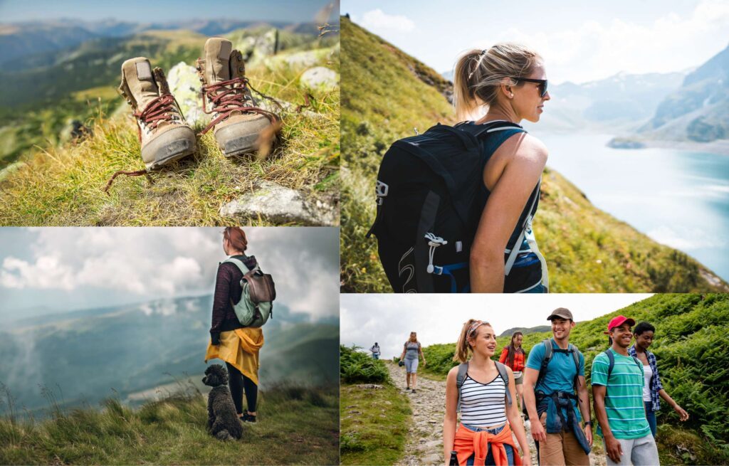 Collage aus vier Bildern mit Wanderern in den Bergen, Wanderschuhen, einer Frau mit Hund an einem See.