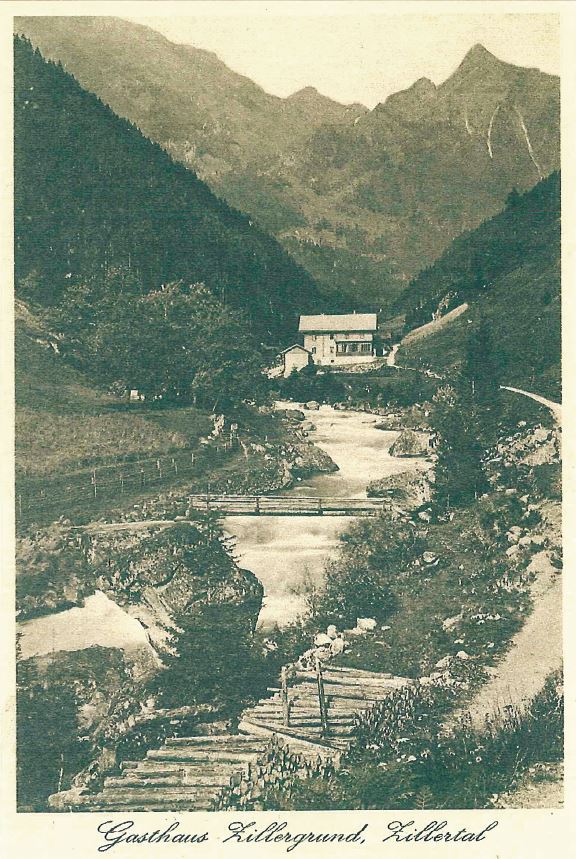 Ein altes Foto des Tals und des heutigen Wanderhotels Luxury Mountain Resort ZillergrundRock in Mayrhofen im Zillertal.