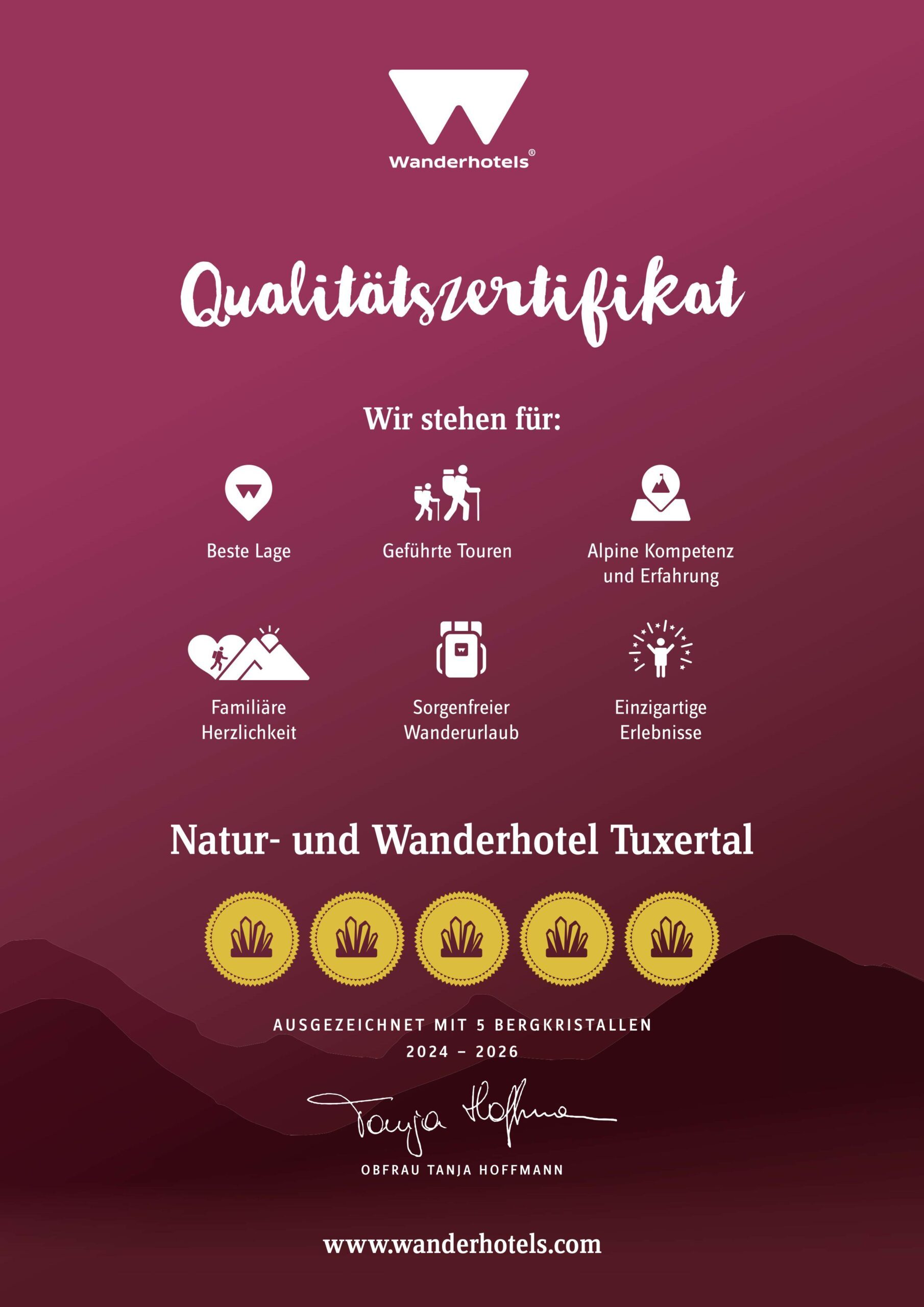 The quality certificate of the Wanderhotels