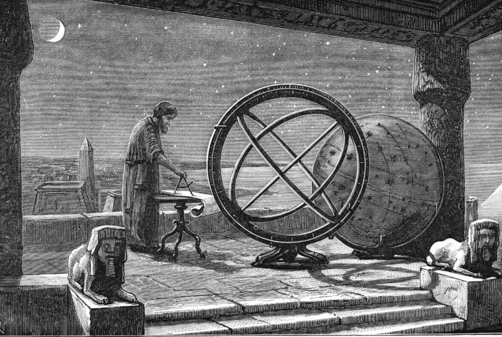 Zeichnung von einem Mann in früheren Zeiten mit astronomischen Gerätschaften