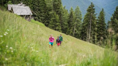 Zwei Wanderer unterwegs auf einer grünen Wiese© Wisthaler.com